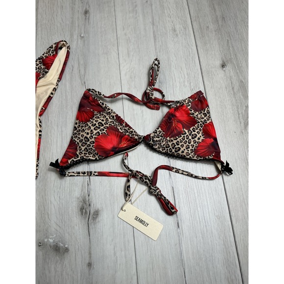 Seamolly Leopard Floral Print Lace Trim Halter Triangle Bikini S New With Tags - Picture 6 of 6